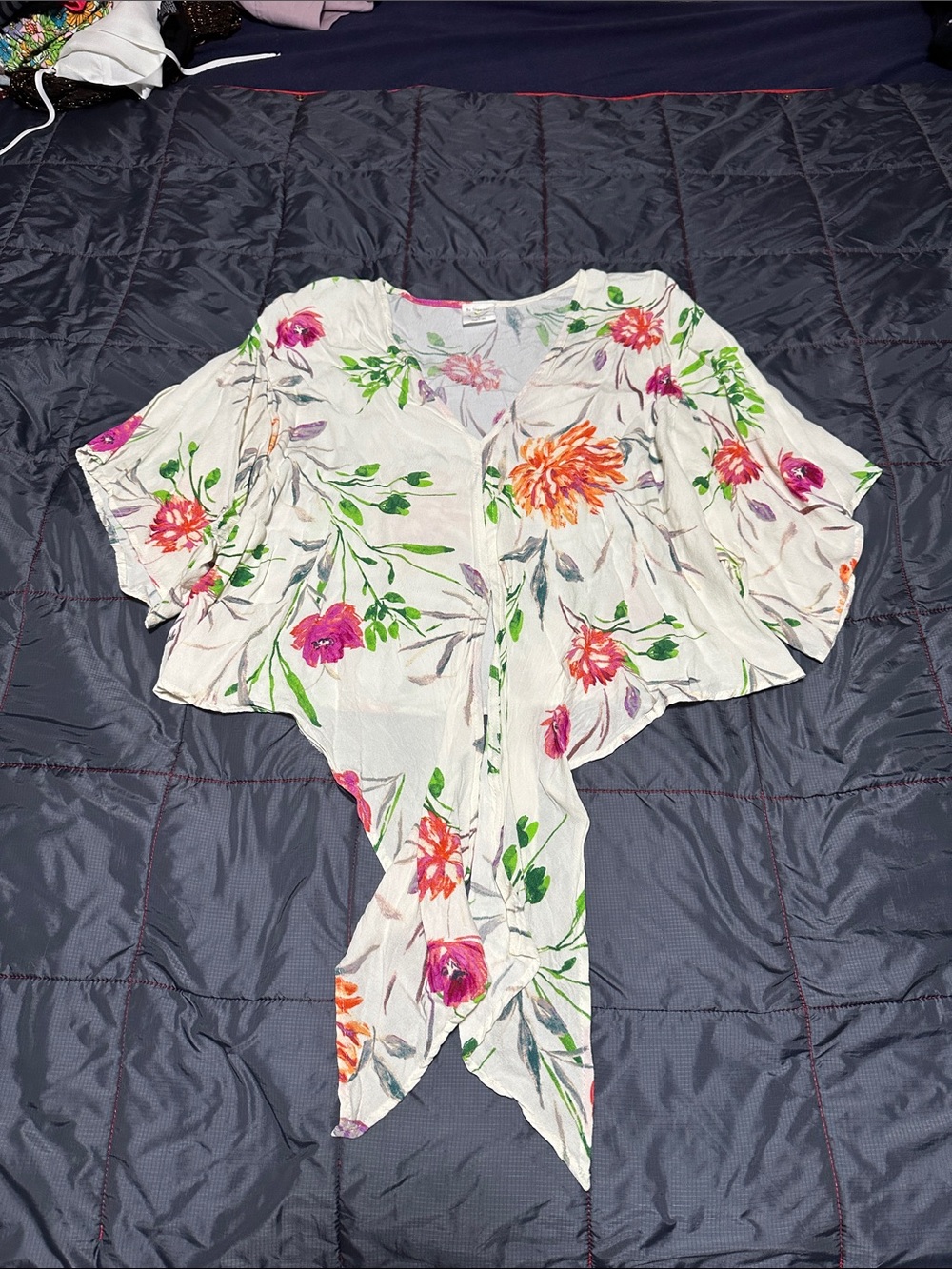 By Together White Floral Tie-Front Blouse with Pink & Orange Blooms
